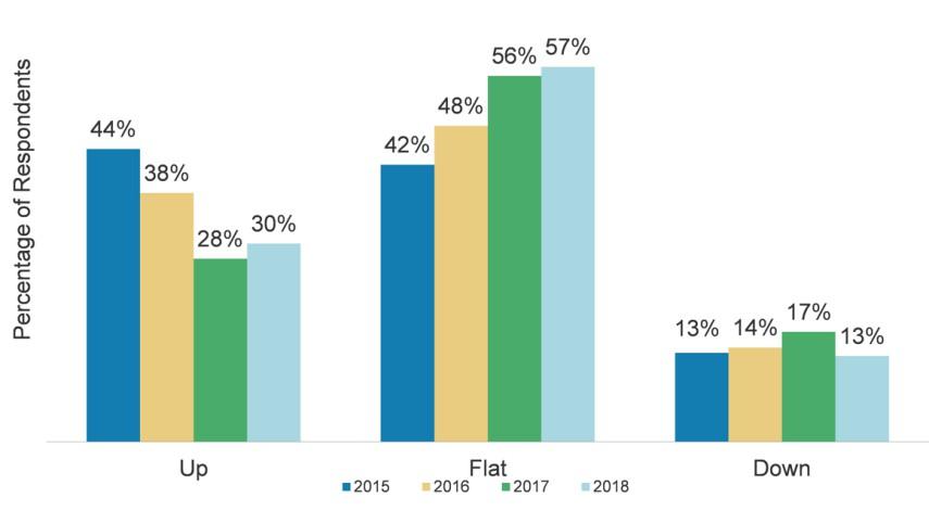 30% of respondents expect fares on these routes to increase in 2018 (versus 28% in 2017). However, we do see a modest decrease (17% to 13%) in respondents expecting downward pricing for 2018.