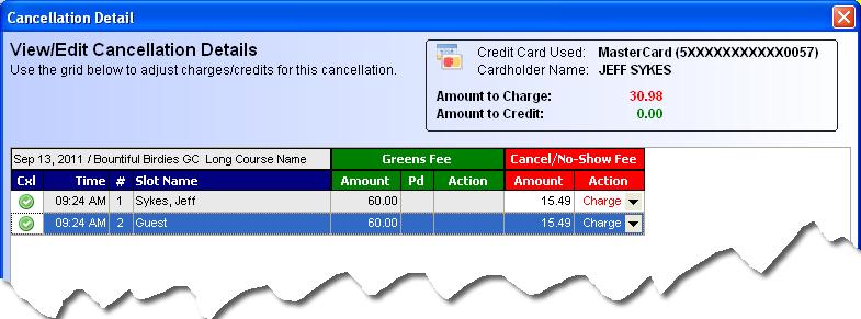 When N Shw is selected, an ptin t Charge the glfer s credit card is displayed. Select Yes t charge the credit card (assuming ne was used t secure the reservatin).