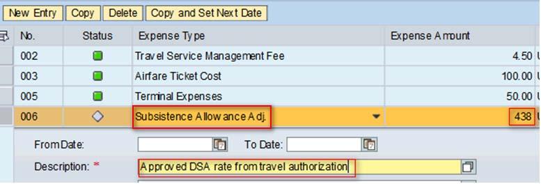 ] expense line item and enter the difference between the Reimbursement Amount noted from the PDF and the Subsistence Allowance calculated by the system noted from step 1c above.
