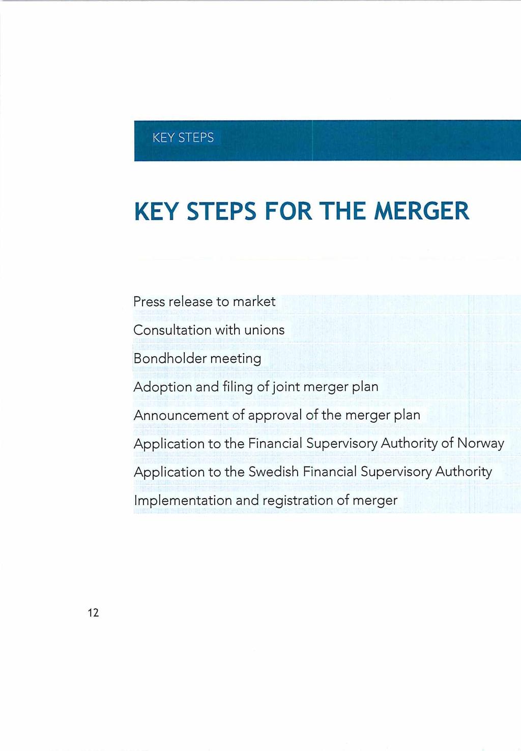 KEY STEPS KEY STEPS FOR THE MERGER Press release to market Consultation with unions Bondholder meeting Adoption and filing of joint merger plan Announcement of approval of the