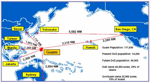 The map below shows Guam s location in the Pacific and relative distances between major cities in the Pacific Rim. There is a significant existing U.S.