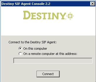 When the Destiny Agent Console is running, the Destiny SIF Agent icon is displayed in the Windows system tray. Click the icon to open the Console.