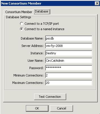 5. Click on the Database tab. Fields and buttons in the Database window include: Radio buttons for choosing between connecting to a TCP/IP port or a named instance.