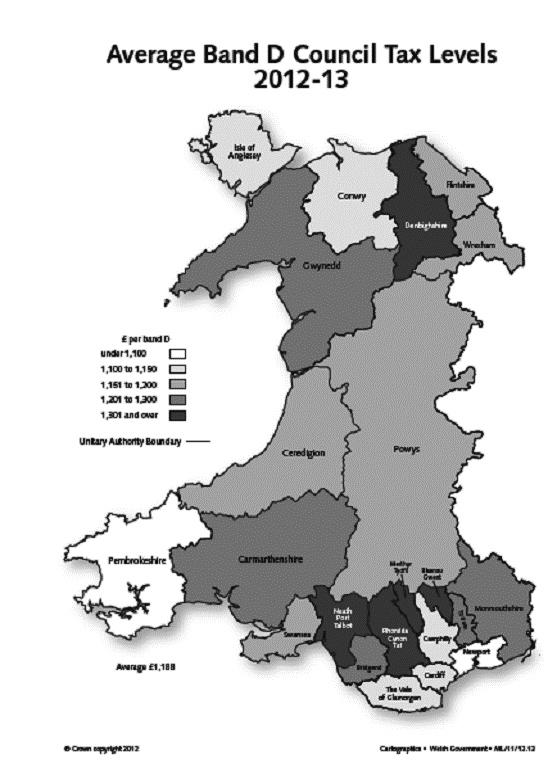 Figure F4: Average Band D council Tax Levels, 2012-13 Source: Welsh Local