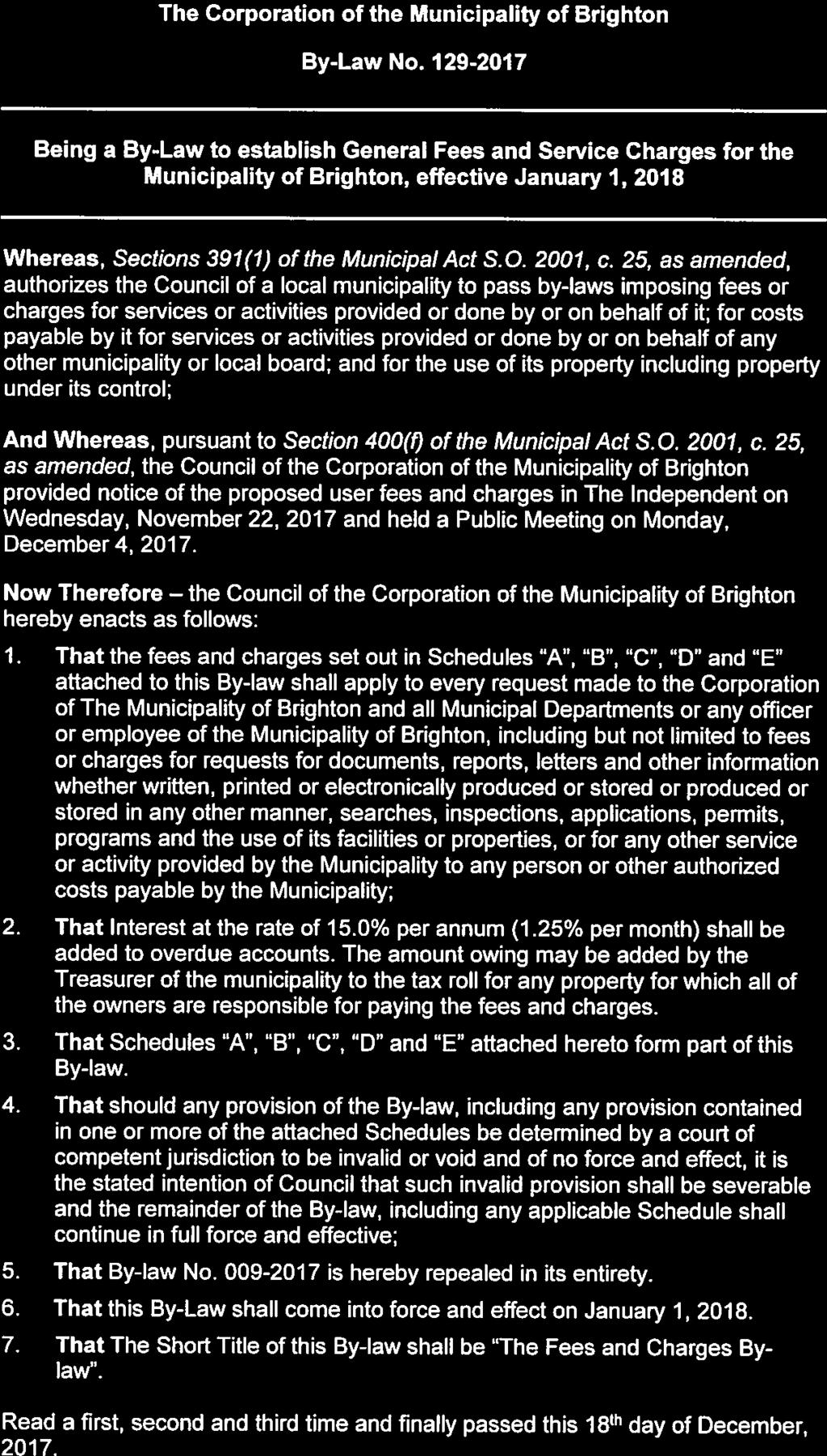 The Corporation the Municipality Brighton By-Law No.