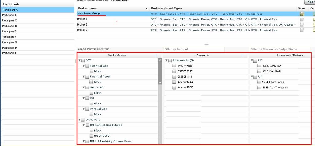 The Broker will then be populated in the Broker list alphabetically, and all Market Types, Accounts and Mnemonics/Badges eligible to be permissioned will be displayed.