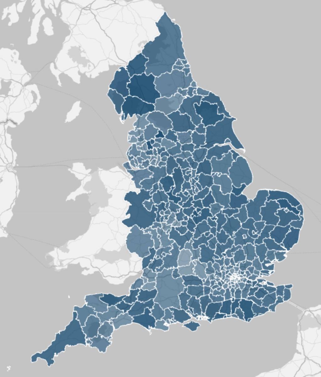 Figure 12: Density of pupils in below median income families by local authority district Darker shading indicates higher proportion of