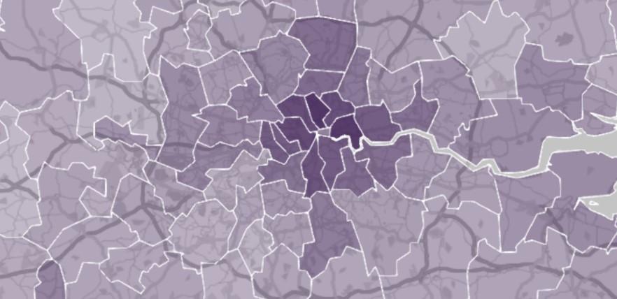 Figure 13: Density of pupils eligible for pupil premium in London by LA district Darker shading indicates higher