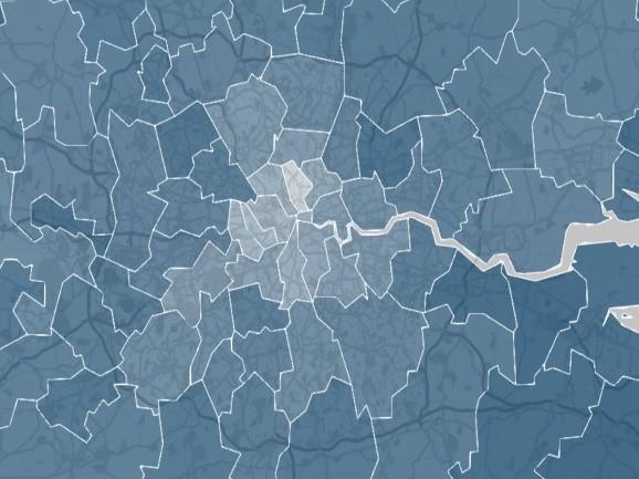 Figure 14: Density of pupils in below median income families in London by LA district Darker shading indicates higher