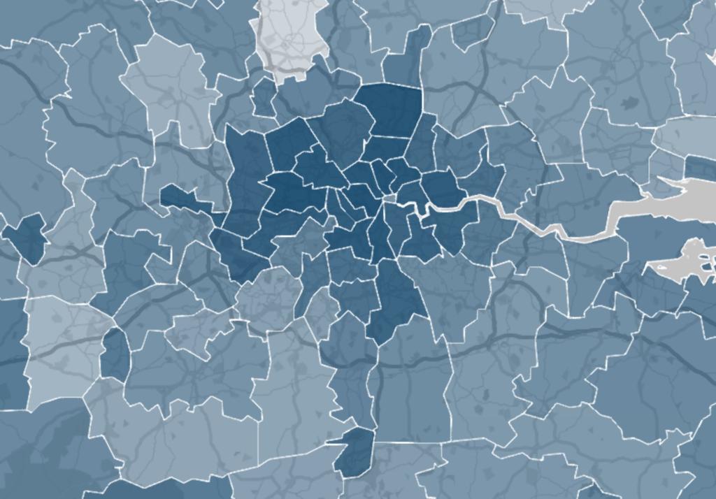 Figure 17: Map of London showing change in the proportion of below median income families after housing costs Darker shading indicates a greater absolute change (percentage point difference) in