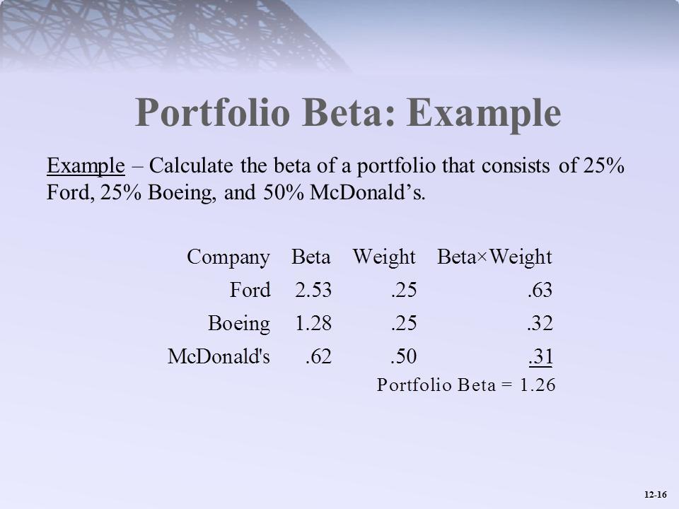 Portfolio Beta: Example Example Calculate the beta of a portfolio that consists of 25% Ford, 25% Boeing, and 50%