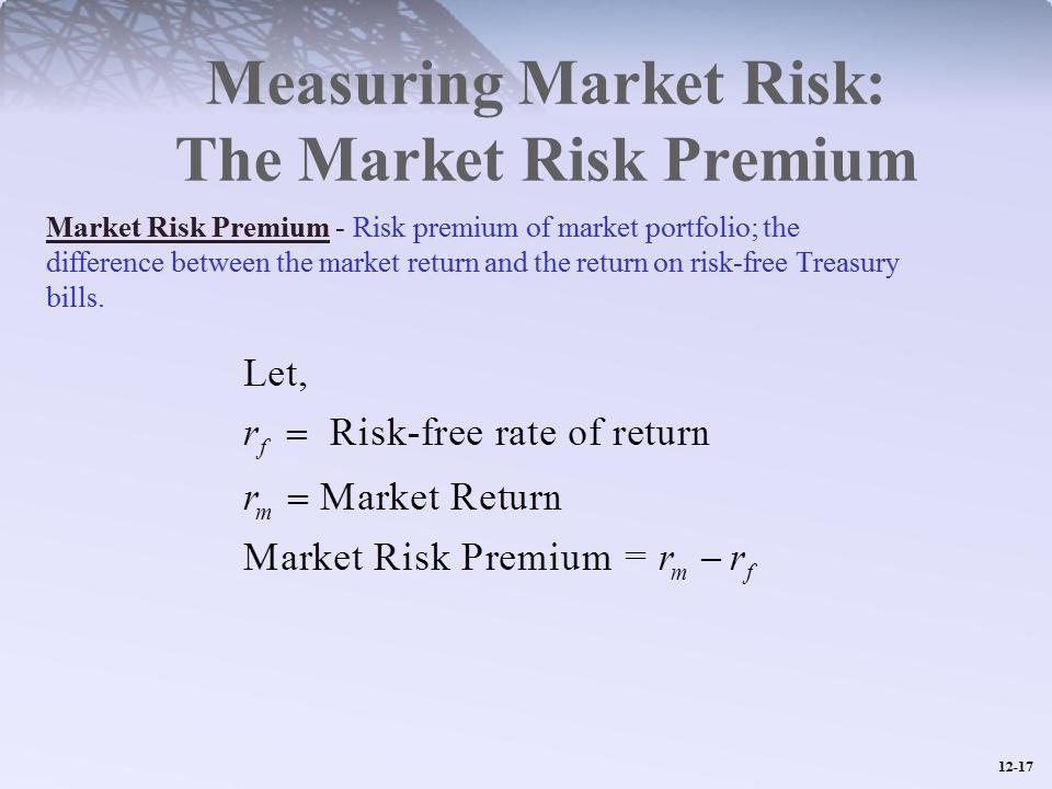 Measuring Market Risk: The Market Risk Premium Market Risk Premium - Risk premium of market portfolio; the difference between the market