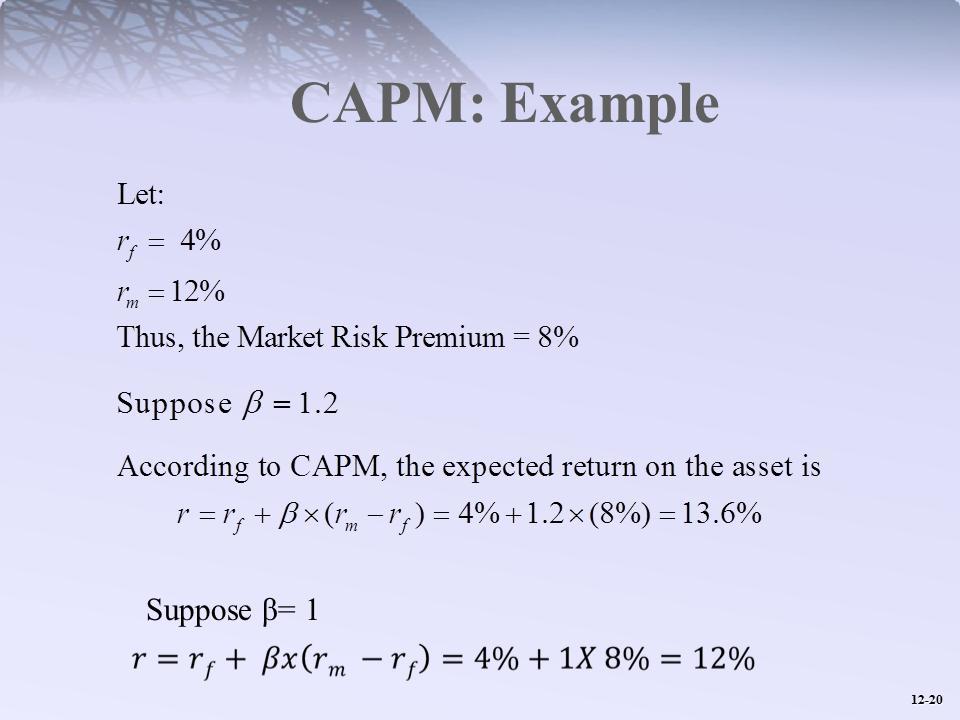 CAPM: Example Let: r r f m 4% 12% Thus, the Market Risk Premium = 8% Suppose 1.