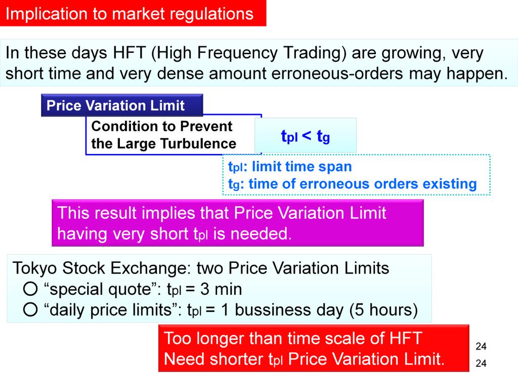 [Lastly, I will mention] Implication [of this study result] to market regulations In these days HFT (High Frequency Trading) are growing, very short time and very dense amount erroneous-orders may