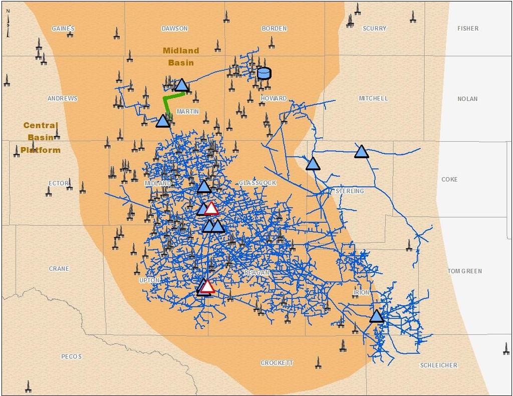 Permian Midland Summary (WestTX and SAOU systems) Summary Asset Map and Rig Activity (1) WestTX and SAOU systems located across the core of the Midland Basin Legend Active Rigs (4/18/17) Processing
