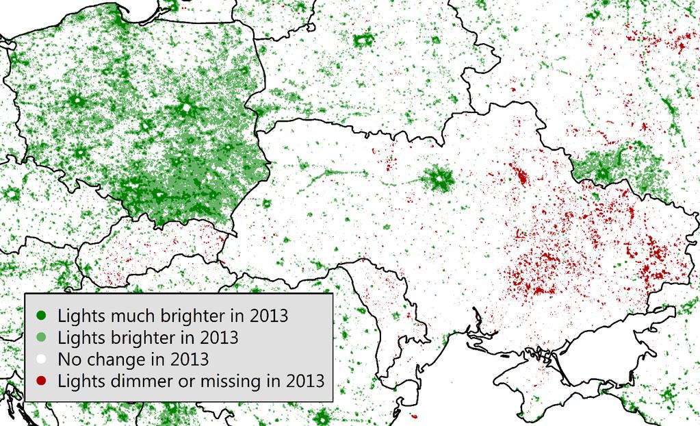Today, Poland is three times as rich Change in light during the night between mid 9 s and 212-13, based on satellite