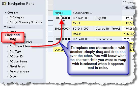 Navigation Pane Tab Add Drilldown in Rows To Add a Drilldown to rows, click on the desired characteristic to add from the list of Free