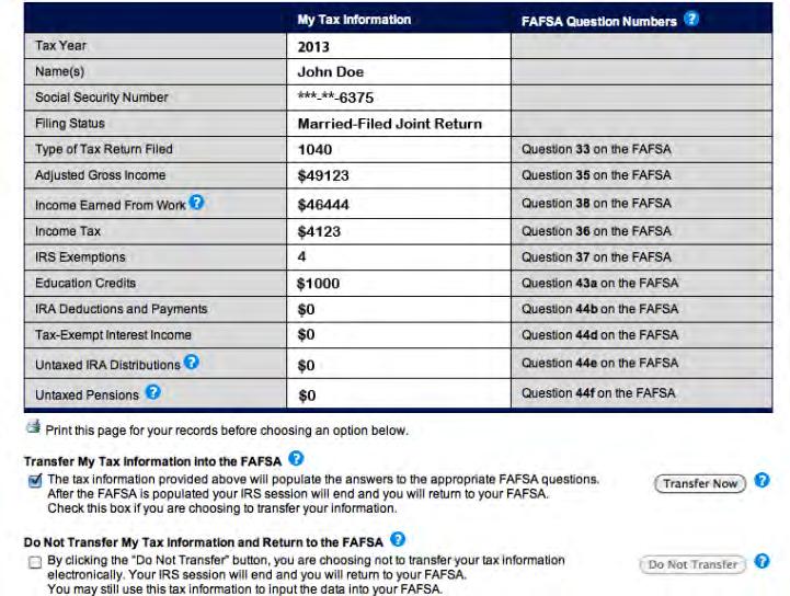 5) If successful, the next screen will display information from the federal tax return, along with the corresponding lines on the FAFSA.