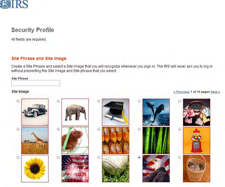 6) If you opt to create a User ID, you will be instructed to enter a Site Phrase and select a Site Image.