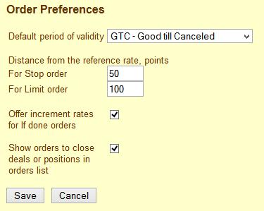 The distance in the points from the reference rate, in this case it is the Forex trade rate, to the appropriate rate is set in the Order Preferences.