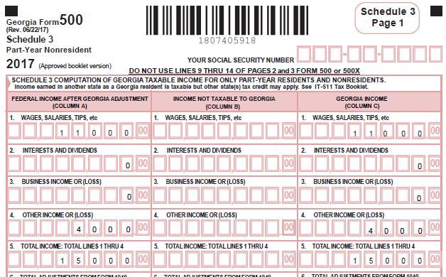 Georgia Form 500 Schedule 3 (Continued) 1 2 3 4 5 6 7 8 9 Georgia Form 500, Schedule 3 (Continued) Lines 2 Form 1040NR, Page 1, Lines 9a & 10a Line 3 Form 1040NR, Page 1, Line 13