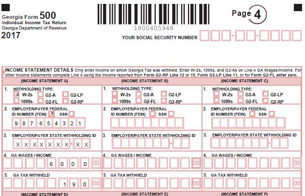 Georgia Form 500 Page 4 1 2 3 4 5 6 7 8 9 Georgia 500, Page 4 Enter SS# Income Statement Details: Complete with information from each Form W 2 received Line 1 Mark W 2s