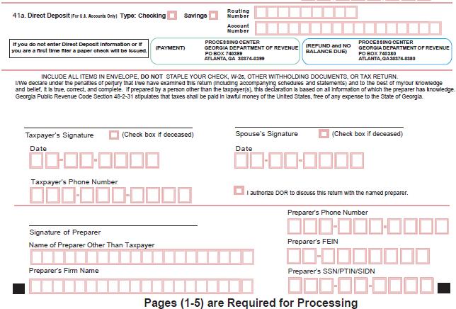 Georgia Form 500 Page 5 1 2 3 4 5 6 7 8 9 Georgia 500, Page 5 (Continued) Input U.S. Bank account information to receive refund faster Sign and date return!