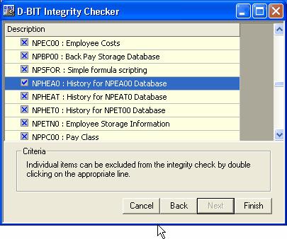 Close Company->Go To File->Check Integrity->Select Company->Click on Re-Build Database and Check Logical Integrity->Next->Select NPHEA History for NPEA Database->Click