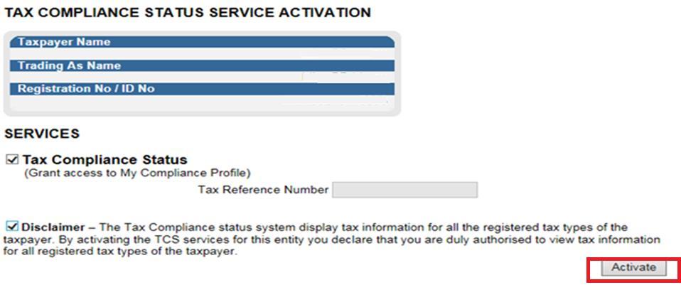 The Tax Compliance Status Service Activation work page will be