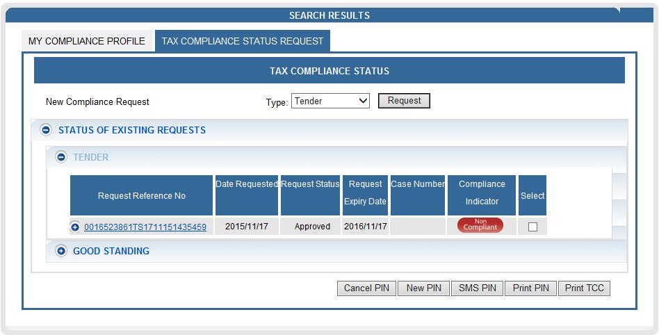 If you expand the Tender option, a summary will be displayed of the TCS requests submitted.