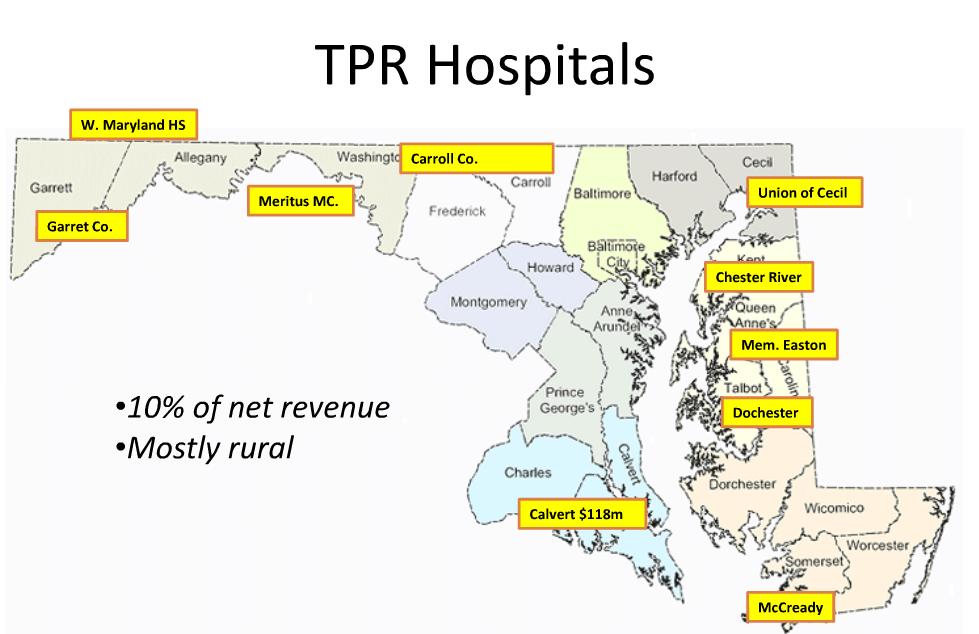 Total Patient Revenue (TPR) } Voluntary three-year rate arrangements } Establishes fixed global revenue levels for hospitals for all inpatient and outpatient revenues regardless of volume } Revenues