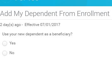 Click on the pick-list icon in the Enroll Dependents column, click Create then Add My Dependent From