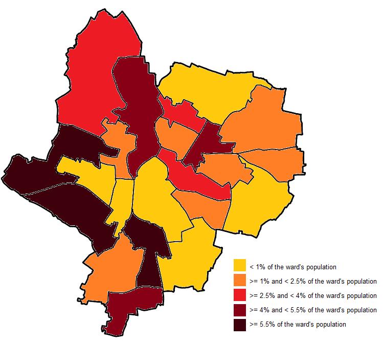 Figure 14 Proportion of all households in each ward paying bedroom tax Households paying bedroom tax as % of ward's population New Parks Ward 6.21% Freemen Ward 5.