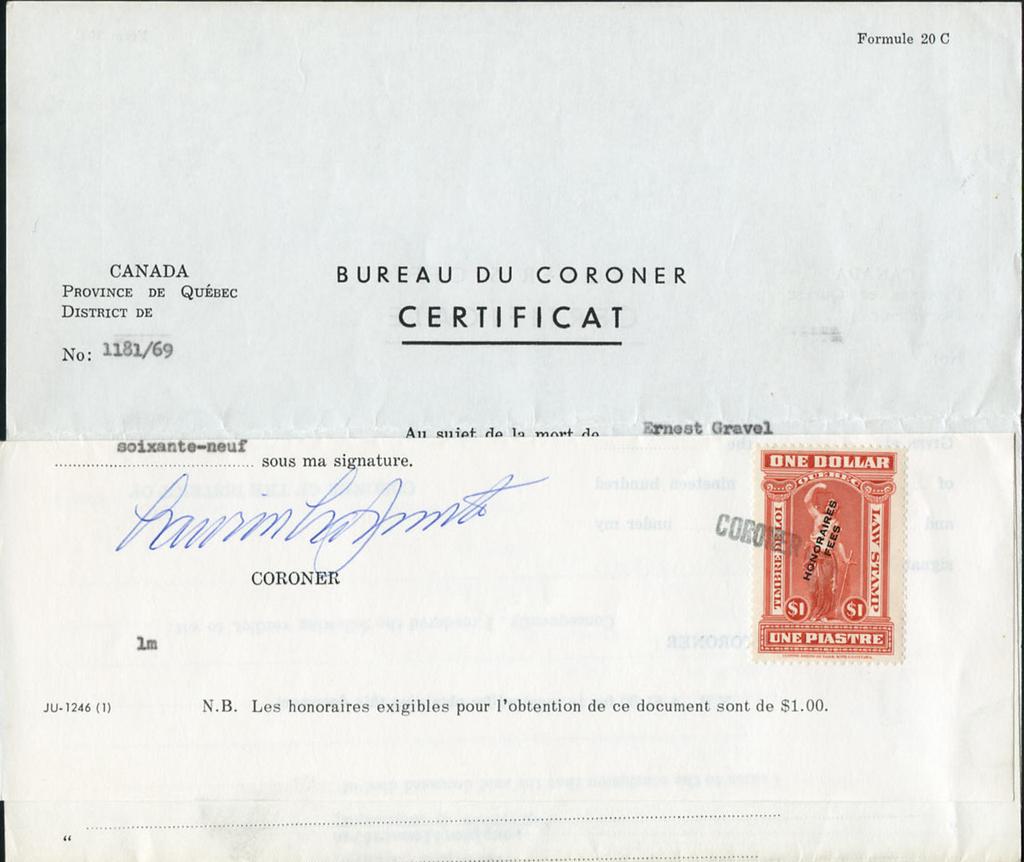 QUEBEC 1969 Coroners complete legal size Certificate with QL82 - $1 paying the required fee.