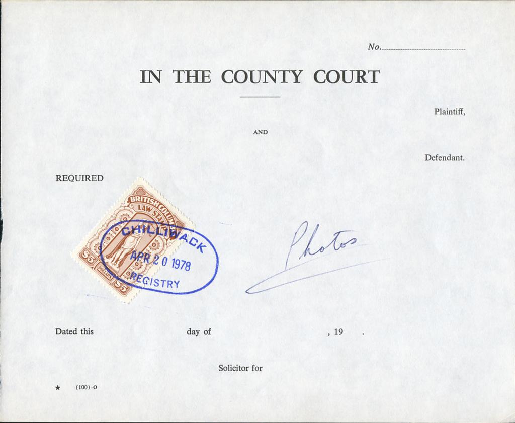BCL56 - $5 brown on 1978 British Columbia County Court Praecipe BCL56 is rarely seen on document - $65 (±US$52) FWT19-5c used WAR TAX Wine strip faint vertical bend pretty well invisible from front -