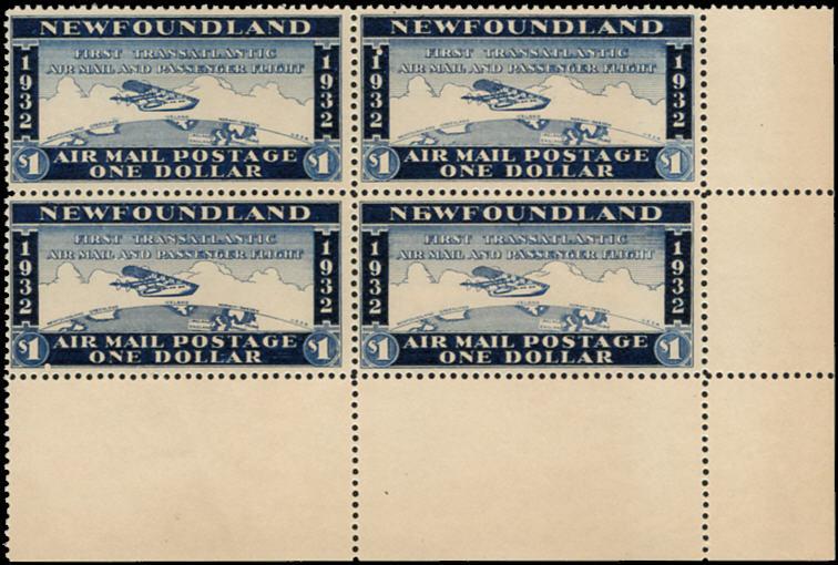1932 WAYZATA $1 NEWFOUNDLAND AIR MAIL. Upper right corner margin block of 4. Margin has usual gum skips, etc.