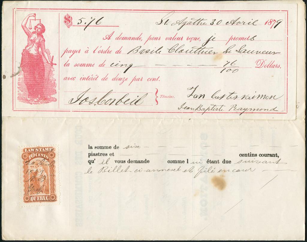 Province of Quebec 1879 COUR DES COMMISSAIRES - SOMMATION QL15-10c Law stamp used to pay the required fee for a summons. The original unpaid $5.