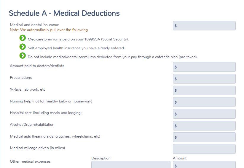 Practice Lab displays the Schedule A Medical Deductions page: 2. Read each line carefully and type the amounts based on information provided by the taxpayer. a. Practice Lab automatically deducts certain health insurance payments.