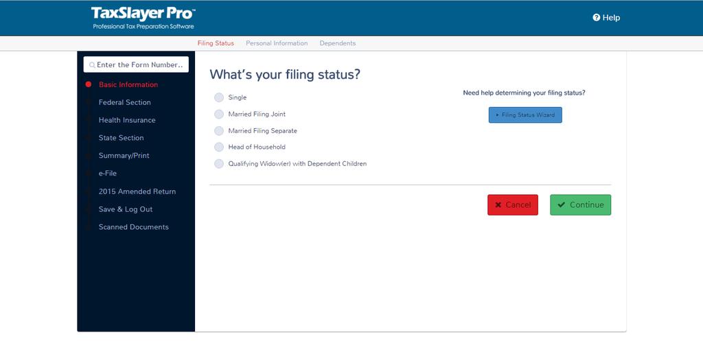 Selecting a Filing Status When you start a return, Practice Lab displays the What s your filing status?
