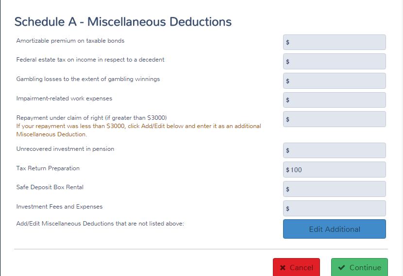Practice Lab displays the Schedule A Miscellaneous Deductions page: 9. Click Continue.