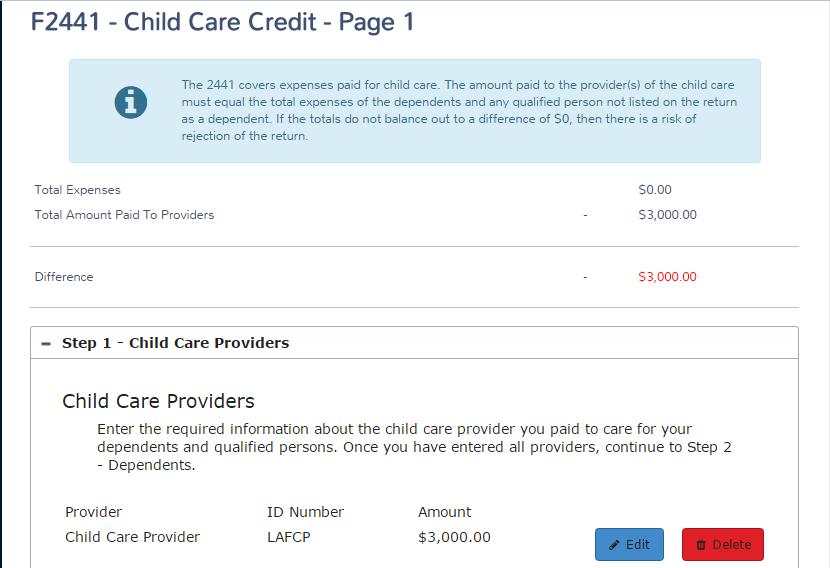 Practice Lab displays the F2441 Child Care Credit Page 1 page with the information for the care provider listed: 7.