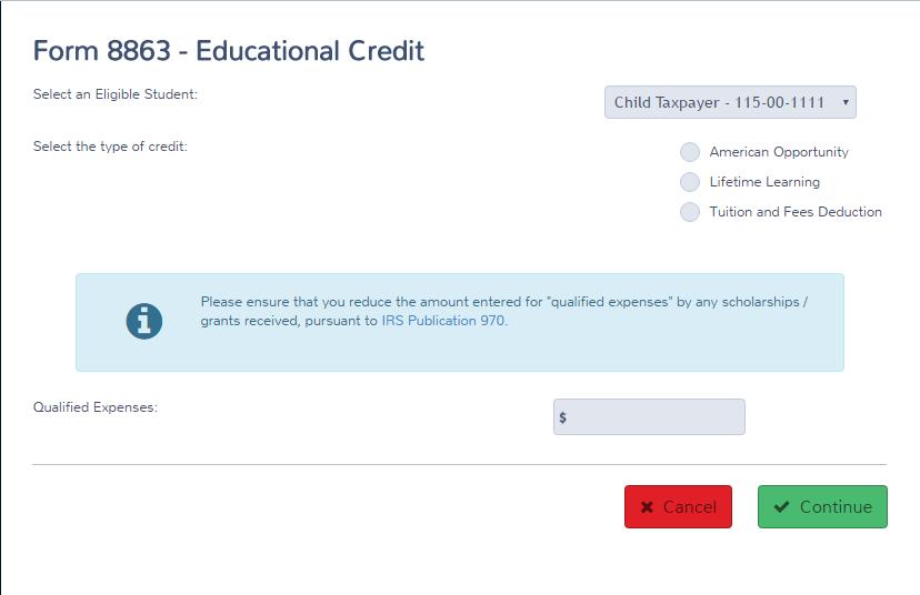 Practice Lab displays the Form 8863 Educational Credit page: 9. Practice Lab displays the names and identifying numbers of the taxpayer, spouse, and any dependents.