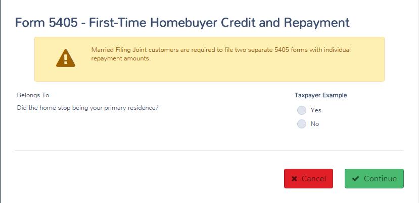 Practice Lab displays the Form 5405 First-Time Homebuyer Credit and Repayment page: 2.