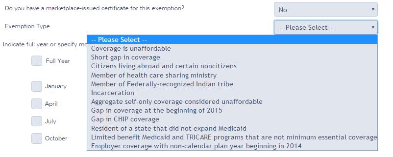 8. Select the check box(es) for the year or months the taxpayer qualifies to take the exemption. 9. Click Continue. Practice Lab displays the Health Coverage Exemptions summary page: 10.
