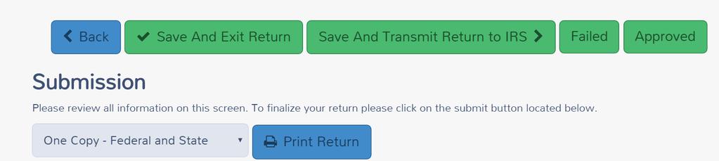 Practice Lab displays the Print Return option on the Submission