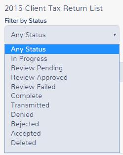 2. To filter returns by status, select an option from the Filter by Status drop-down list, as shown below: 3.
