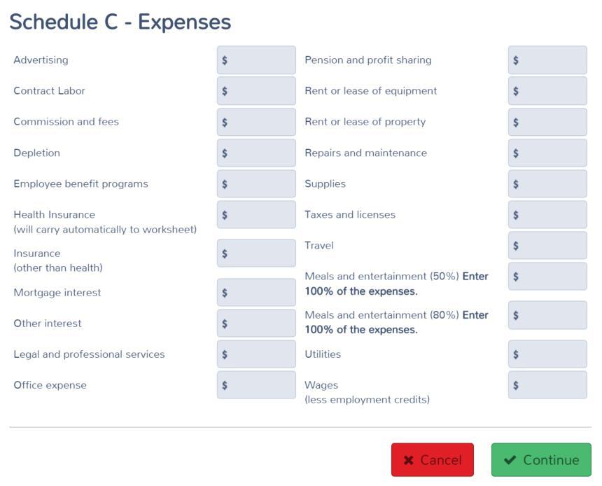 Practice Lab displays the Schedule C Expenses page: 11. Complete the information based on answers from the taxpayer, using the following tips: a.