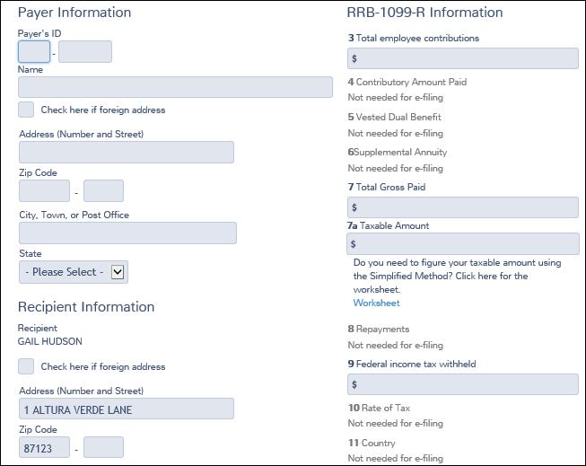 Practice Lab displays the RRB-1099-R page: 2. Type all of the information on this page as the payer entered the information on the paper Form RRB-1099-R. a. Many items on this page are similar to Form 1099-R, as we discussed earlier.