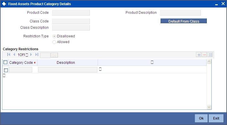Click Category Restrictions button to display the Fixed Asset Product Category Details screen.