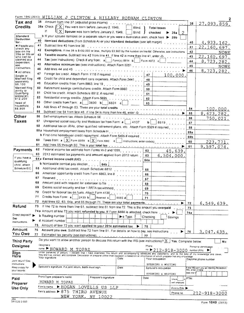 Form 1040 (2013) W Tax and 38 Amount from line 37 (adjusted gross income) 38 27,093,859. Credits 39a Check X You were born before January 2, 1949, Blind.